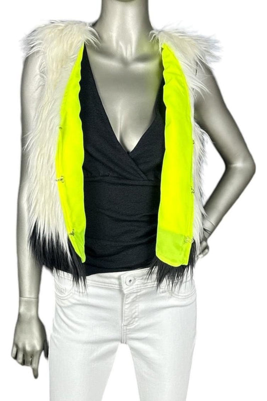 neon yellow green and faux fur vest by vera wang