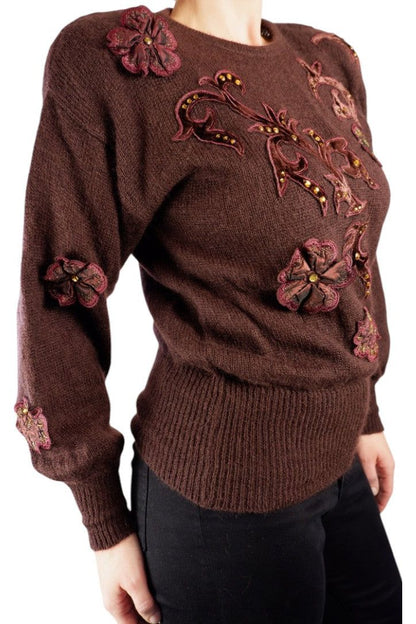 1980s Vintage Escada Deep Purple-Brown Wool Sweater with Velvet Appliqué and Beading