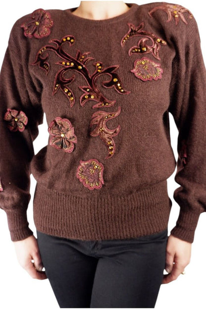 1980s Vintage Escada Deep Purple-Brown Wool Sweater with Velvet Appliqué and Beading