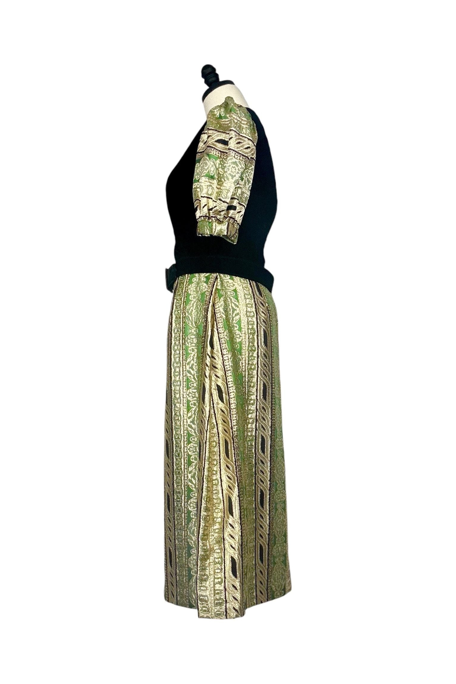 1960s vintage green and gold velvet metallic brocade handmade dress