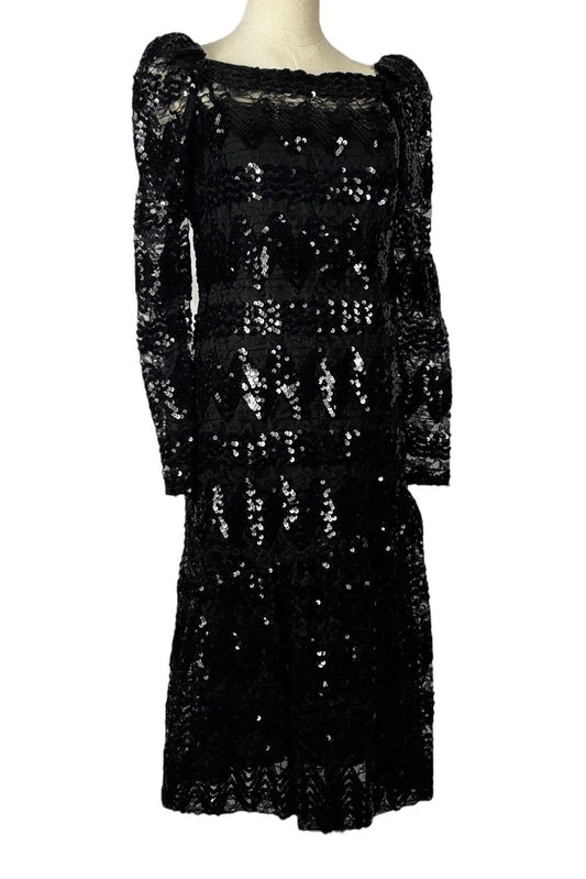 1980s Vintage Lee Jordan Union-Made Black Sequin Evening Dress S