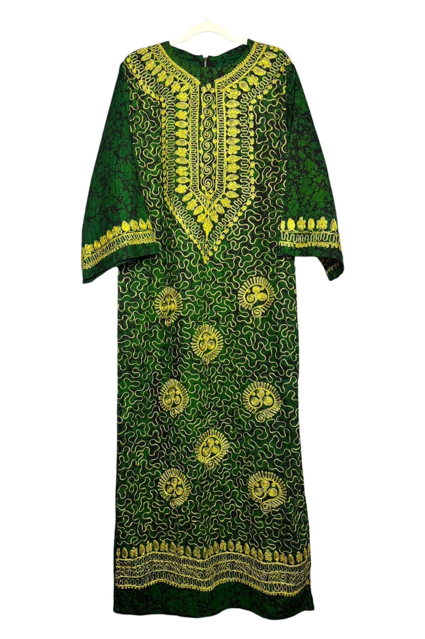 1970s Vintage Green & Gold Embroidered Kaftan M/L