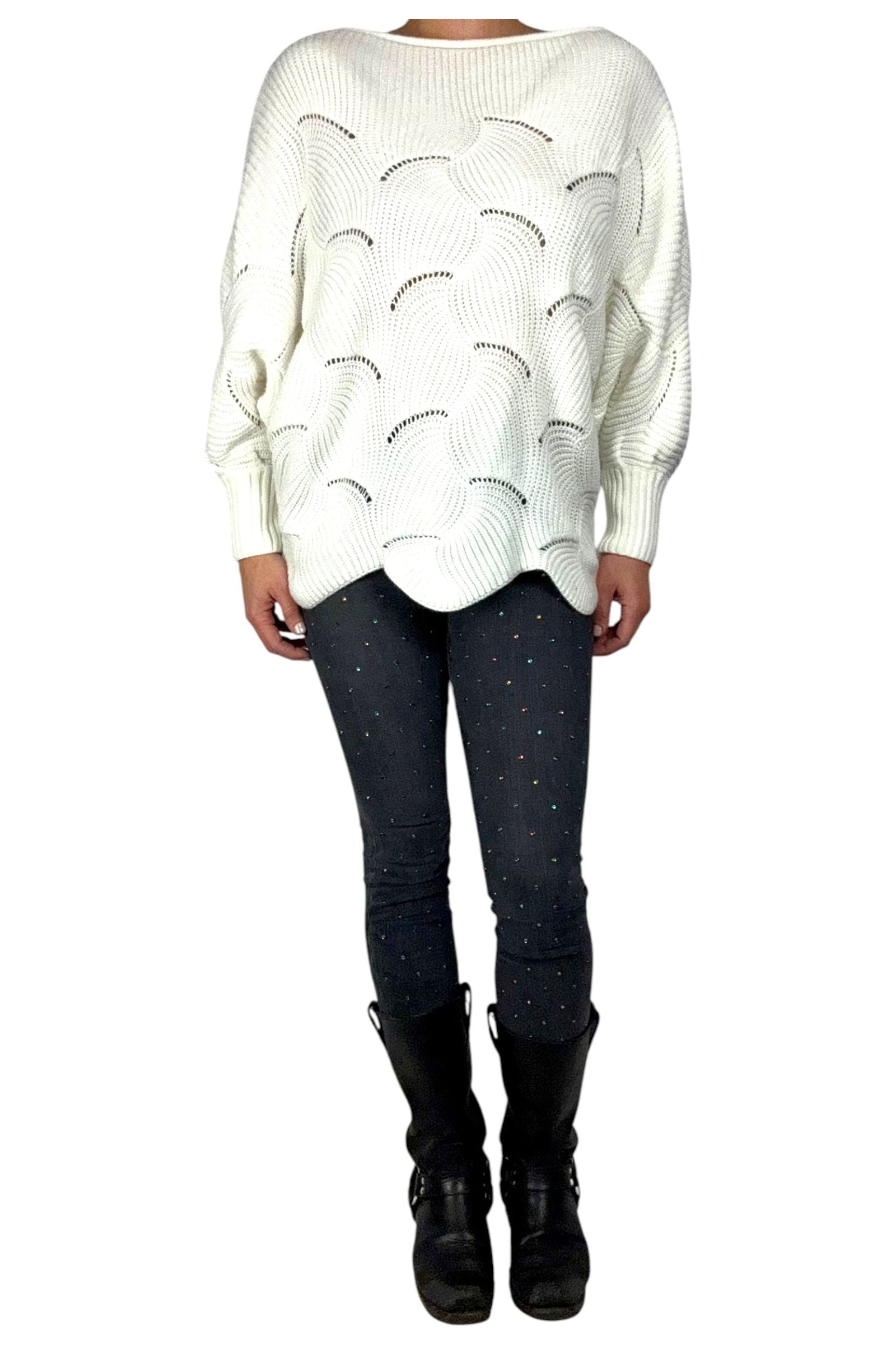 White Acrylic Sweater with Wavy Cutout Details L/XL