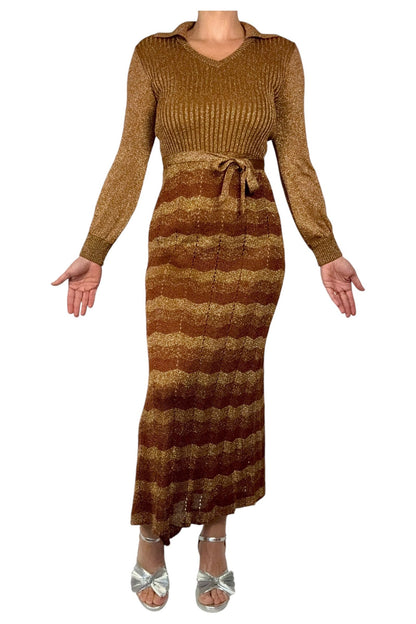 1970s Vintage Wenjilli Metallic Knit Dress M