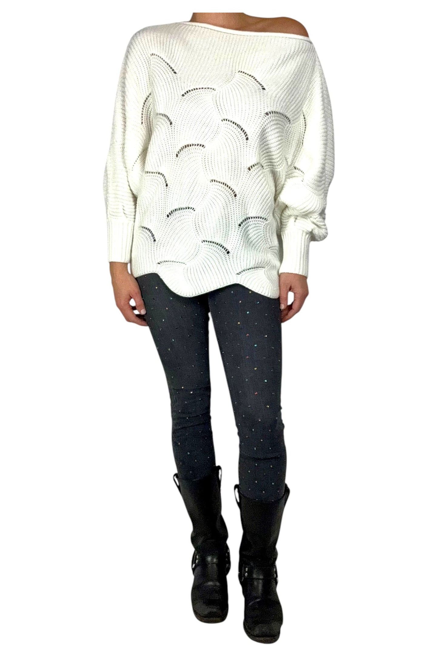 White Acrylic Sweater with Wavy Cutout Details L/XL