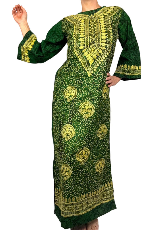 1970s Vintage Green & Gold Embroidered Kaftan M/L