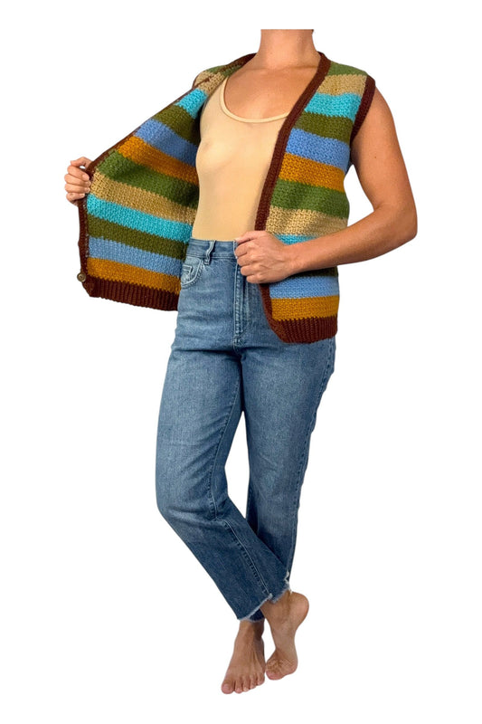 1970s Vintage Hand-Crocheted Striped Vest – Earthy Tones with a Bold Pop S/M