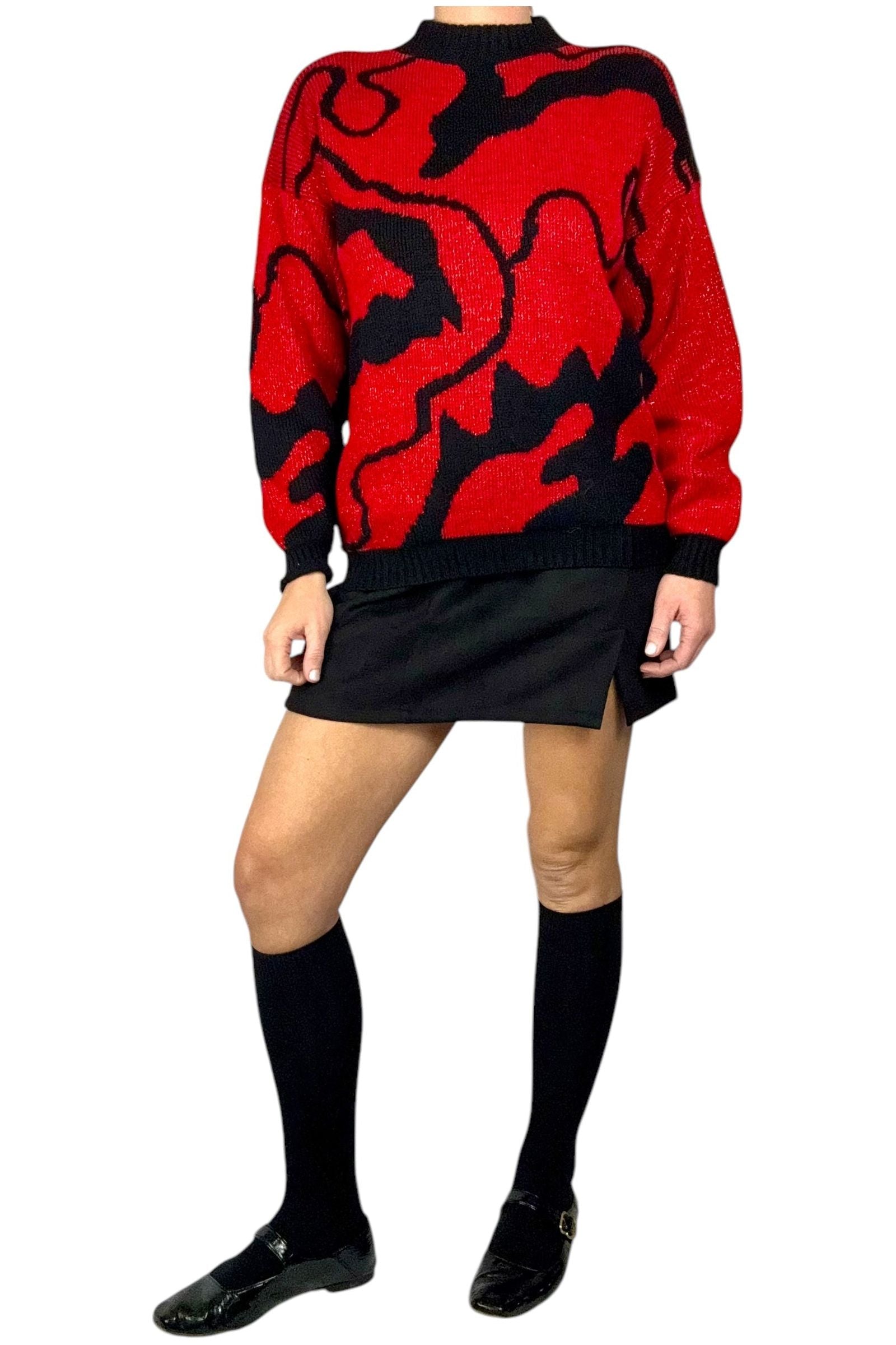 Vintage 1980s Red and Black Abstract Sweater - Perfect for the Holidays