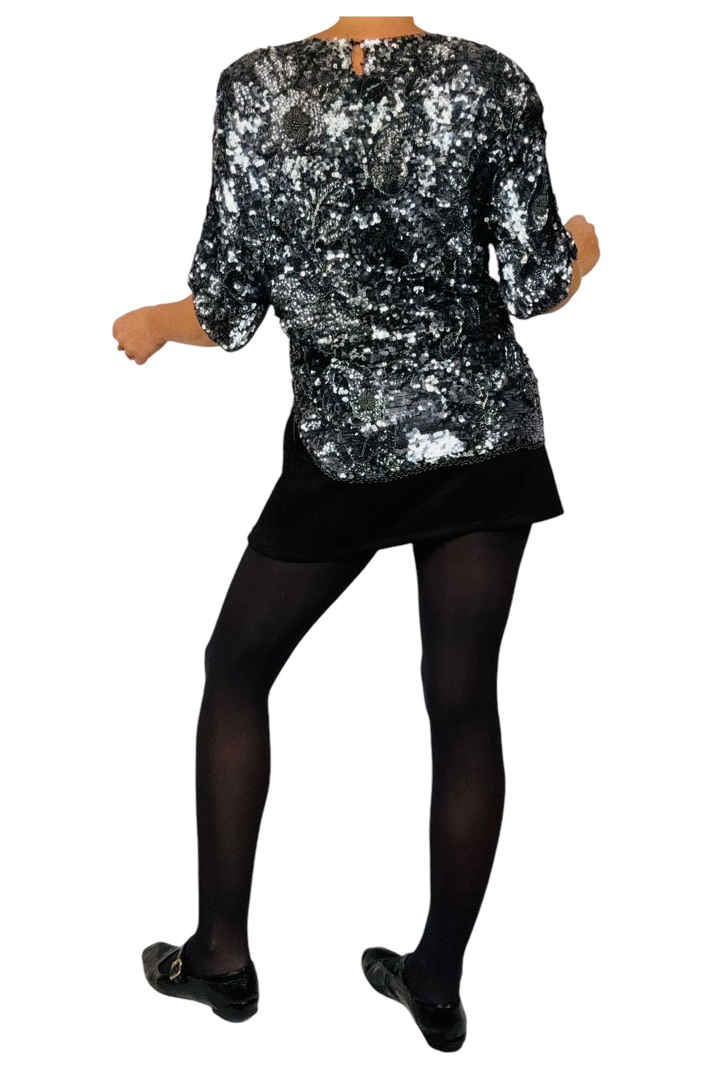 1980s Vintage Monochrome Sequin Top with Batwing Sleeves L