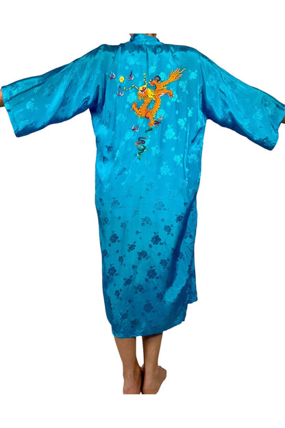 1970s Vintage Golden Bee Embroidered Blue Robe