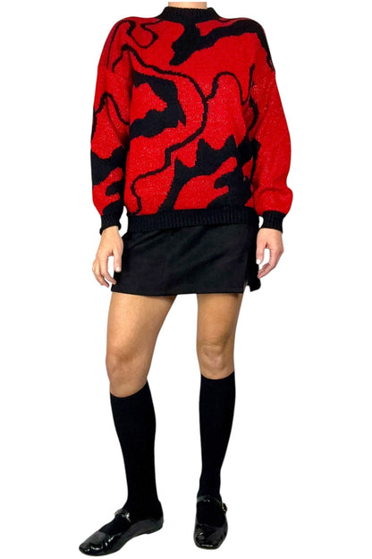 Vintage 1980s Red and Black Abstract Sweater - Perfect for the Holidays