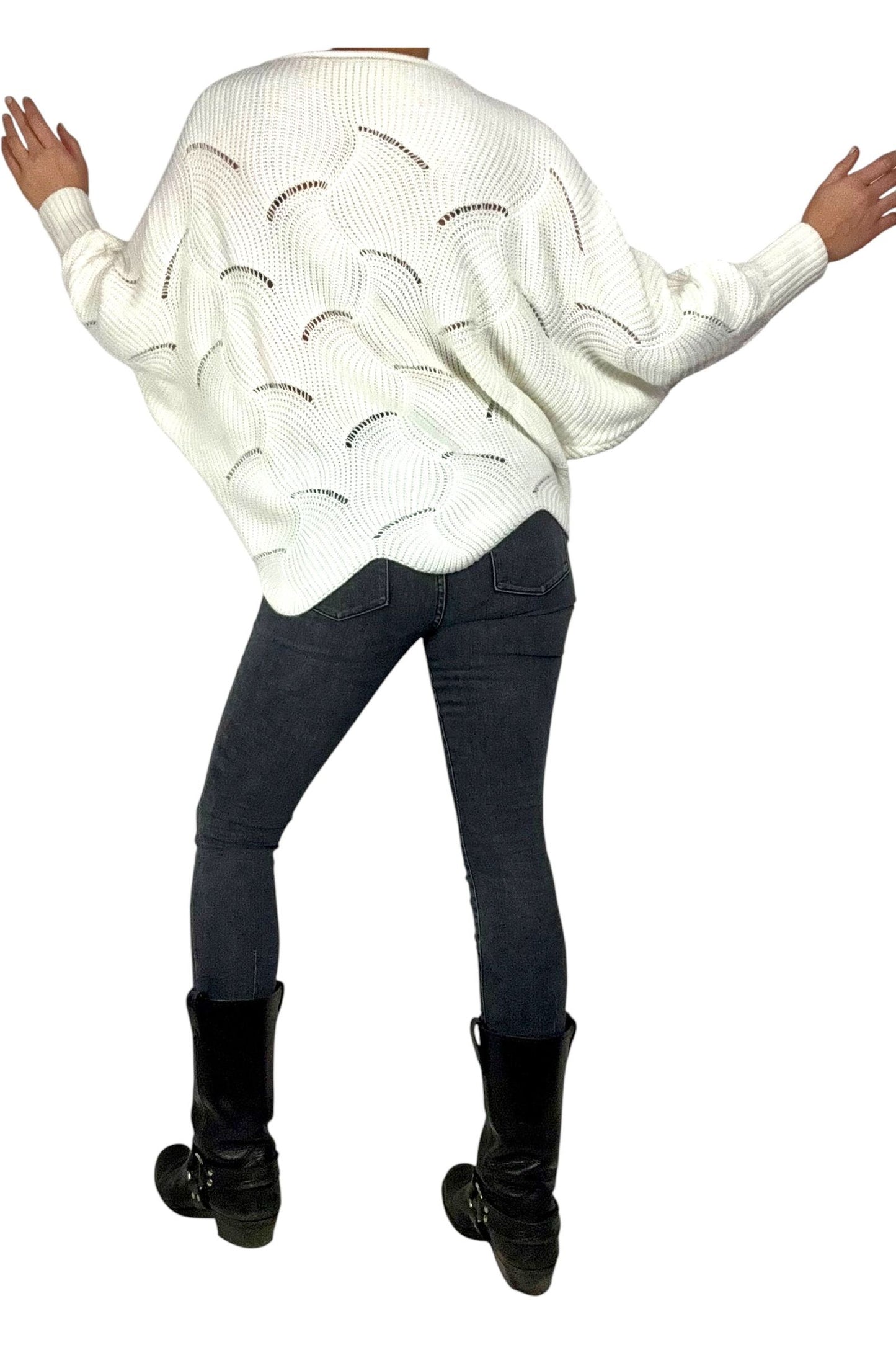 White Acrylic Sweater with Wavy Cutout Details L/XL