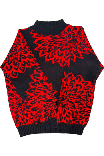 1980s Vintage Red and Black Floral Holiday Sweater M