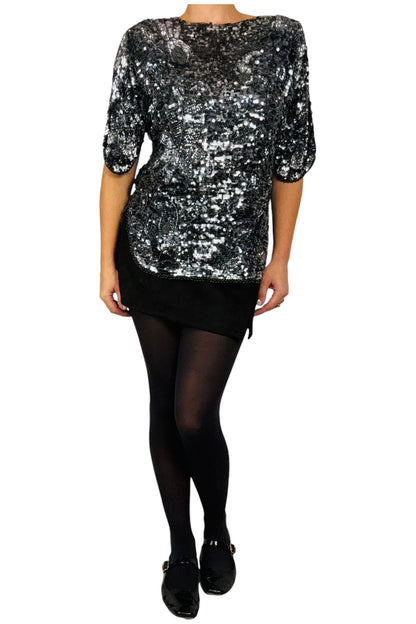 1980s Vintage Monochrome Sequin Top with Batwing Sleeves L