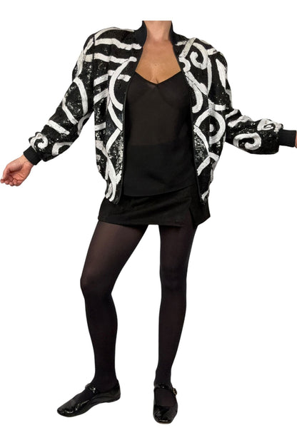 1980s Vintage Laurence Kazar Black and White Sequin Jacket