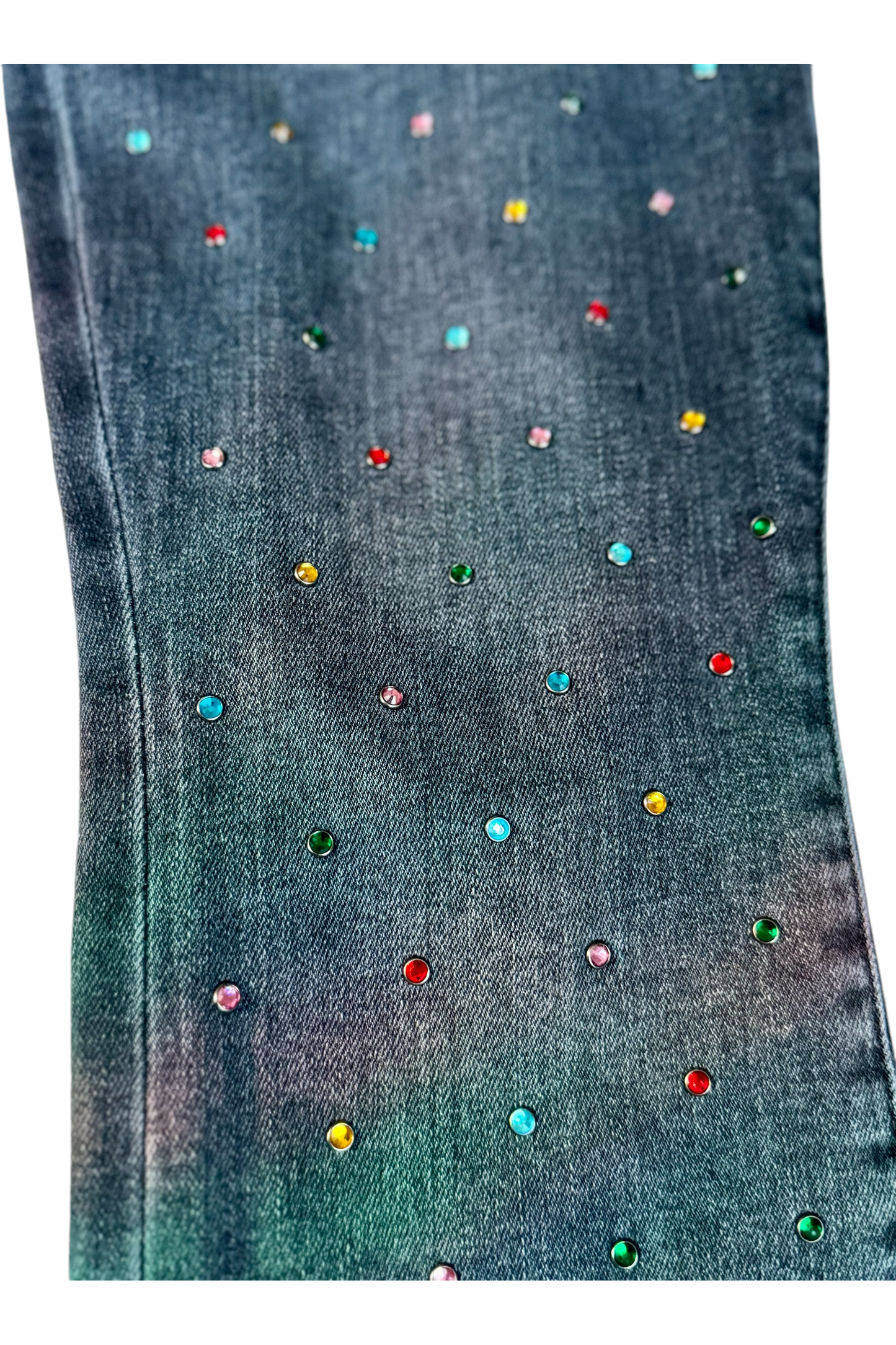 close up details on alice and olivia rhinestone colorful party jeans