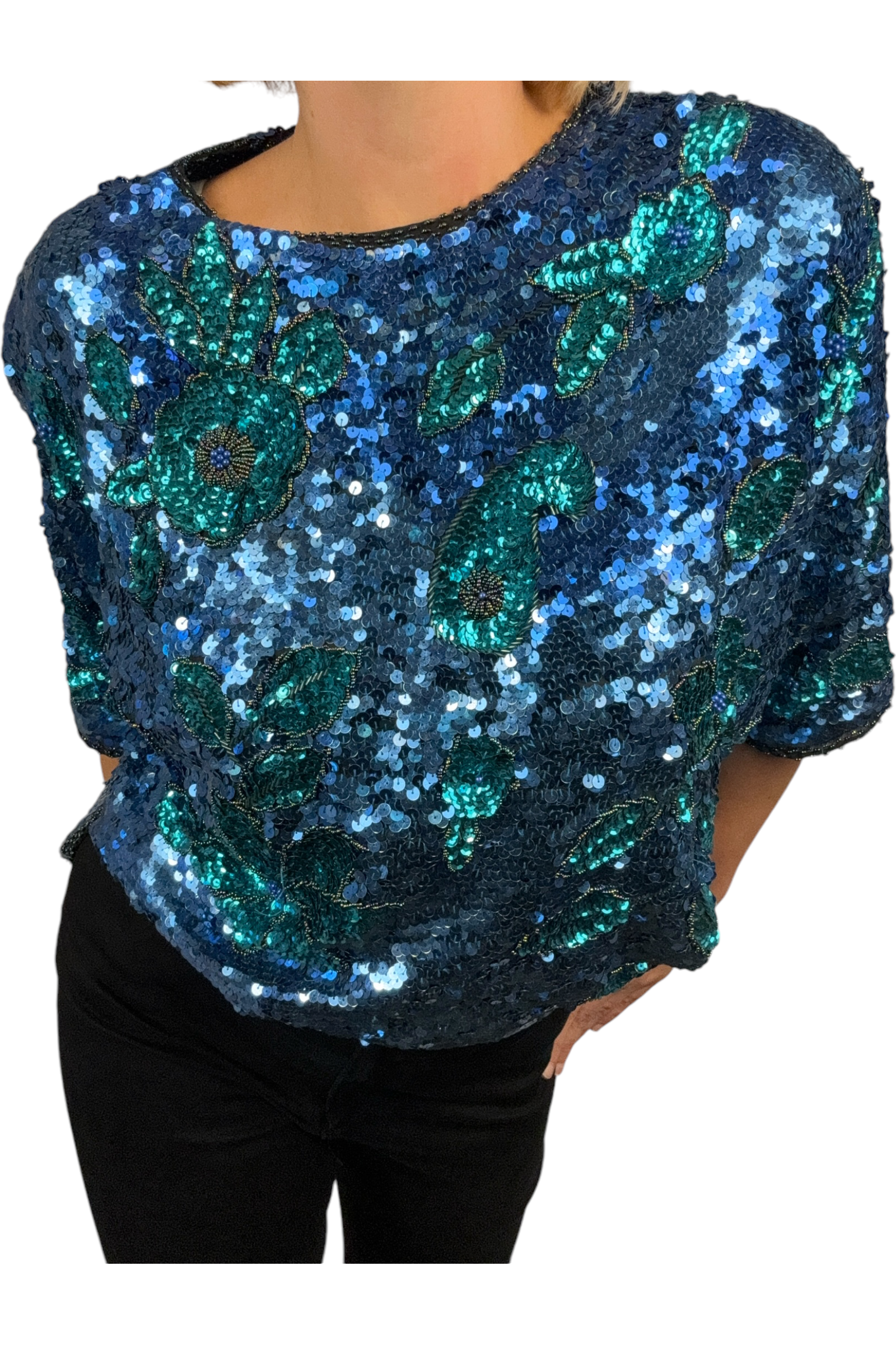 1980s Vintage Blue and Green Sequin Party Top L