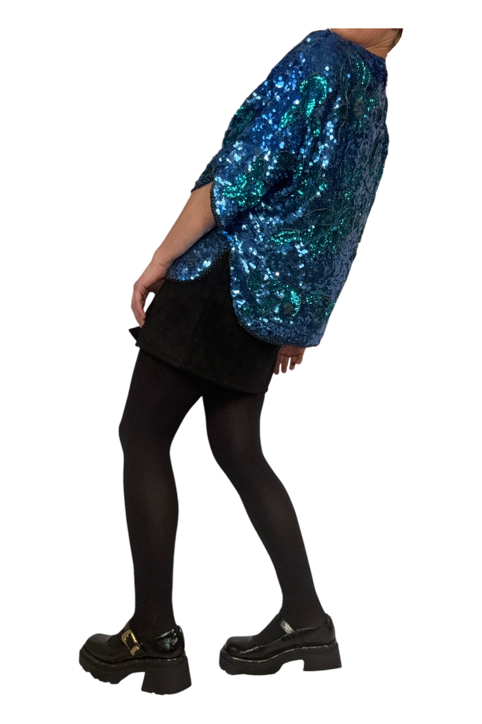 1980s Vintage Blue and Green Sequin Party Top L