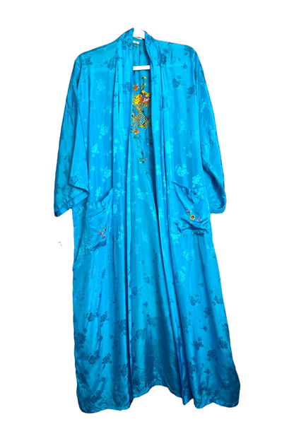 1970s Vintage Golden Bee Embroidered Blue Robe