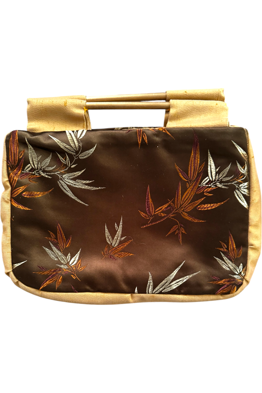 Vintage Brown Satin Handbag with Bamboo Handles and Embroidered Leaf Design

