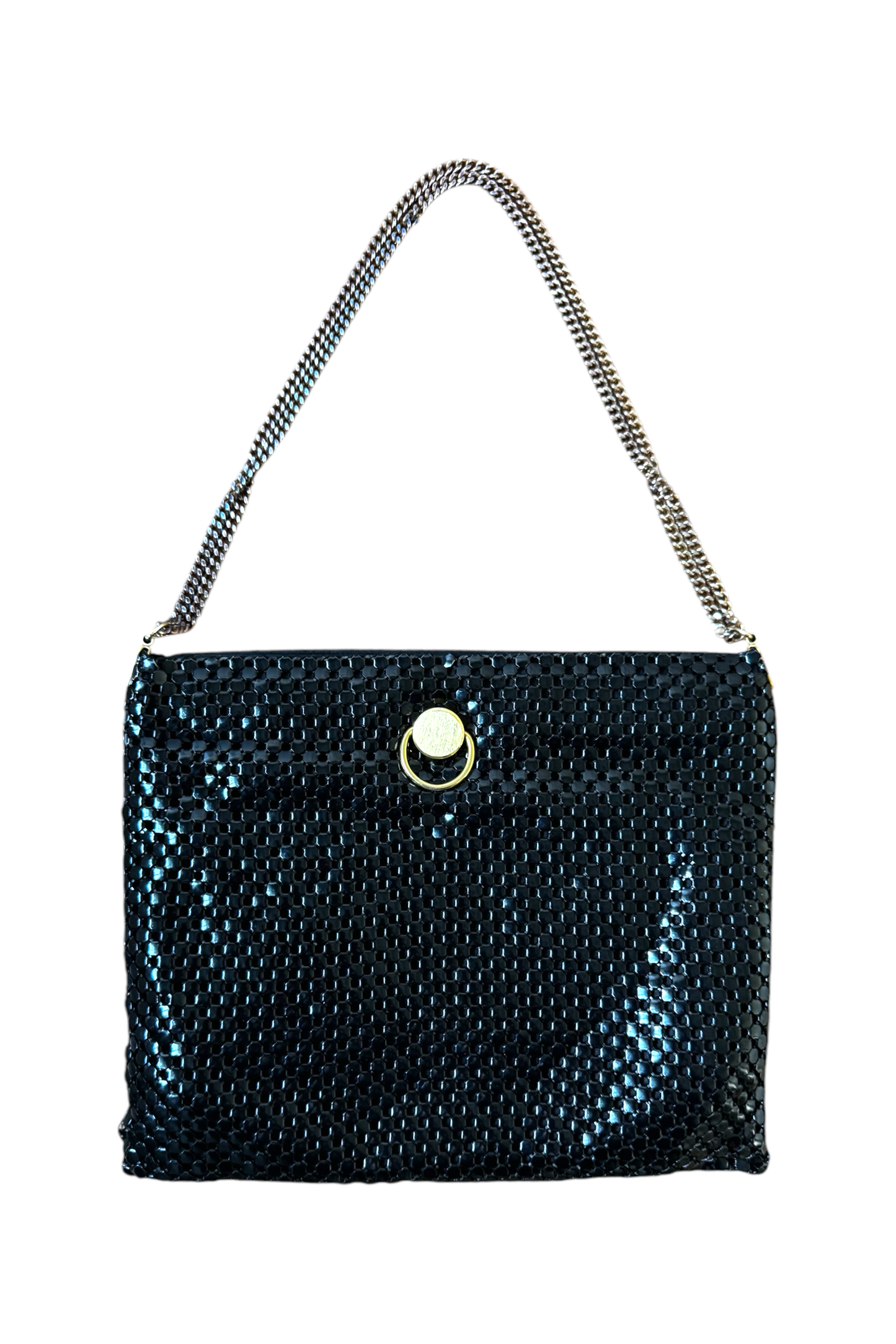 1970s Vintage Black Mesh Shoulder Bag with Gold-Tone Details