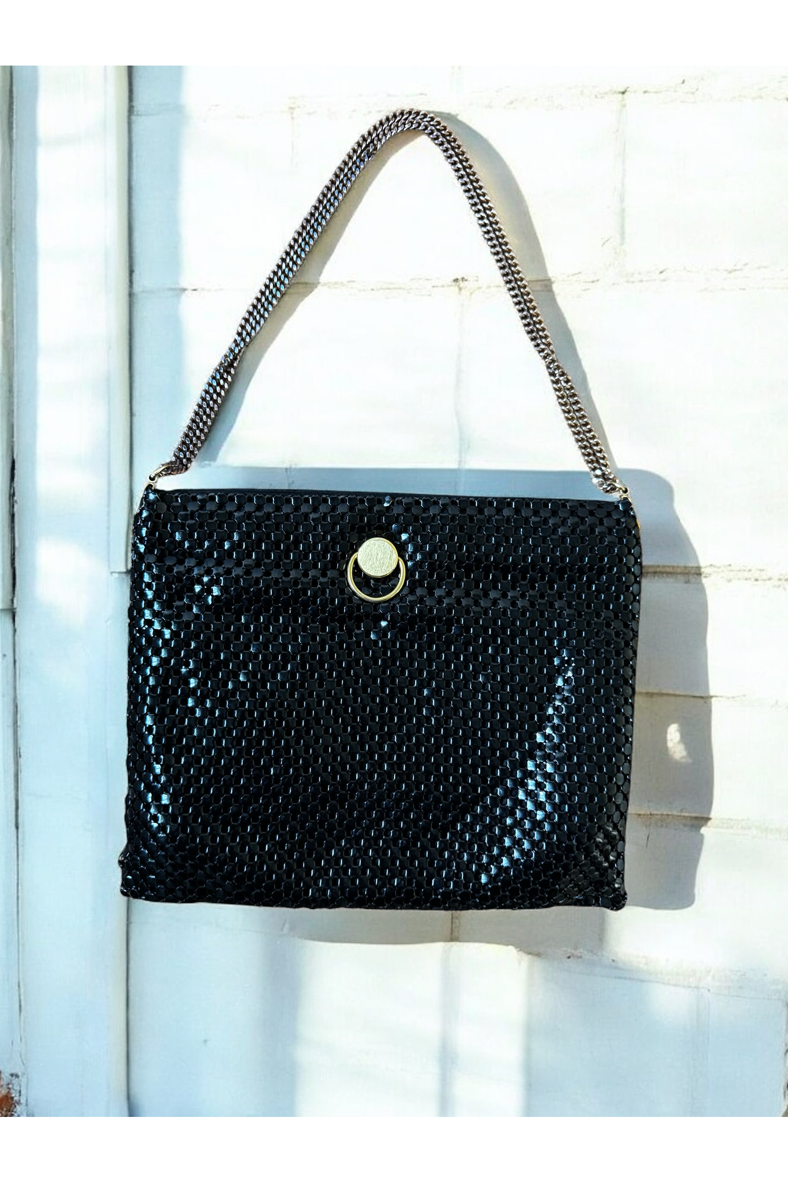 1970s Vintage Black Mesh Shoulder Bag with Gold-Tone Details