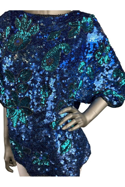 1980s retro fashion blue-green sequin top, ideal for festive occasions and glamorous vintage looks