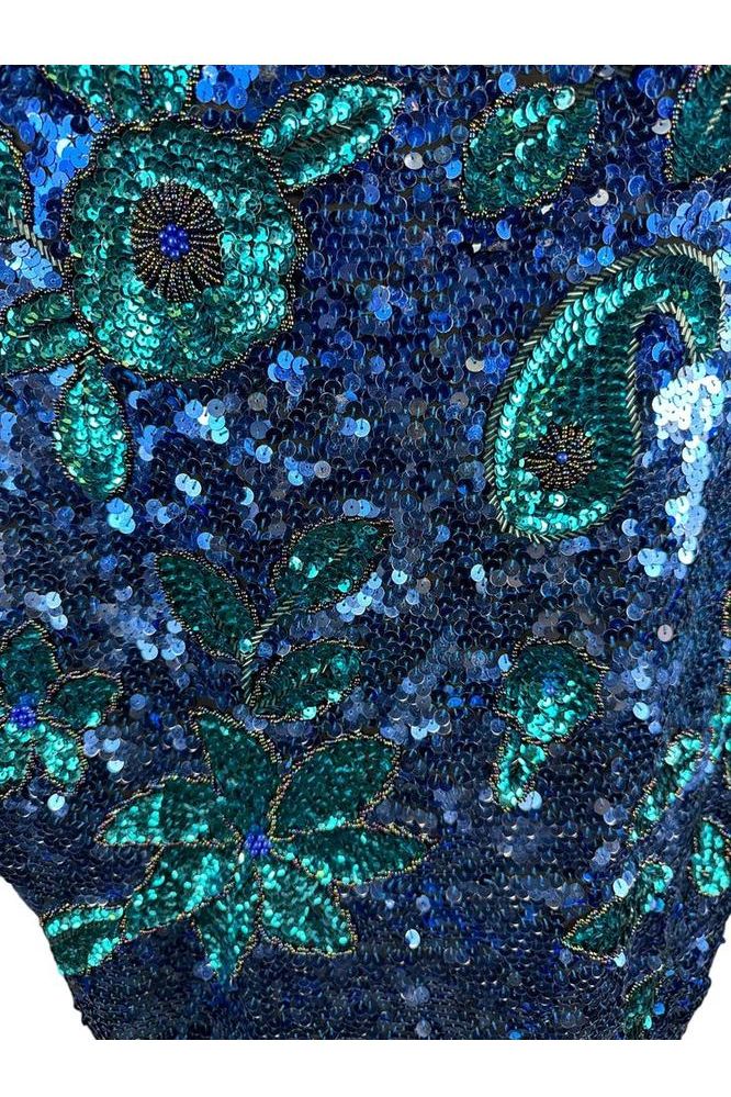 1980s Vintage Blue and Green Sequin Party Top L